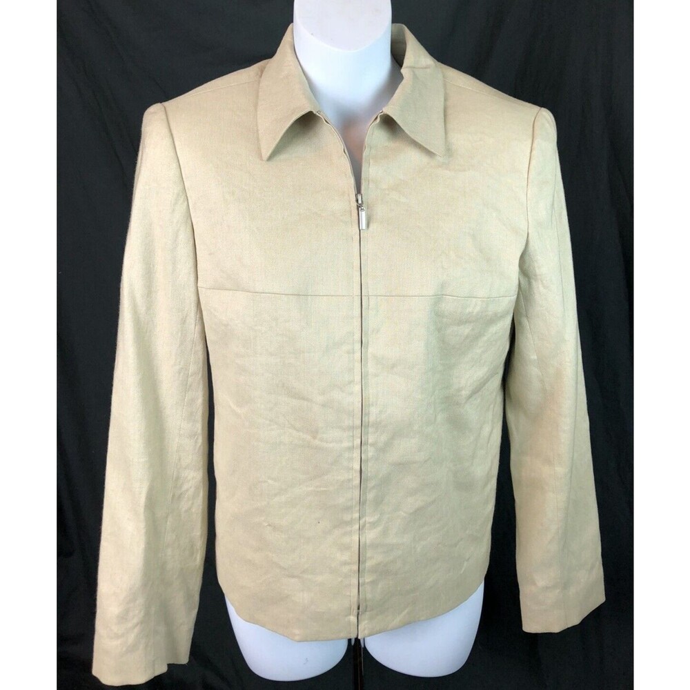 Anne Klein Linen Jacket Size 4 Beige Zipper Front Long Sleeve Lined Collar